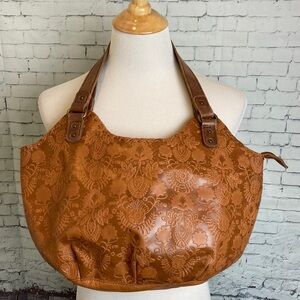 The Sak Indio Genuine Leather Satchel Purse Bag Floral Embossing Boho Western
